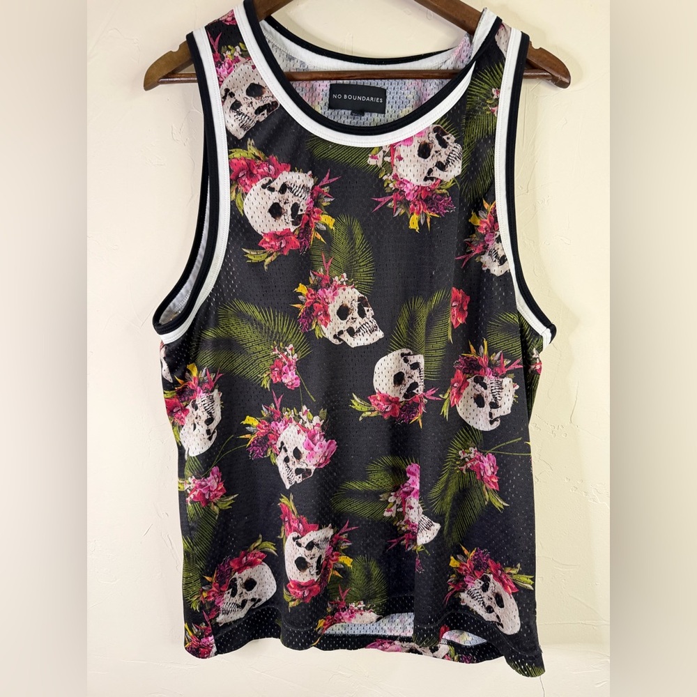 Jersey Tank Top with Skull and Floral Design